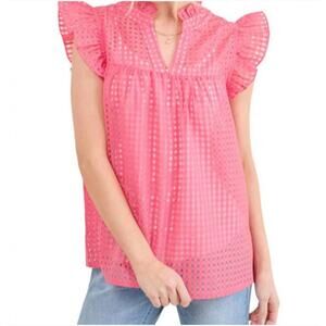NWT And The Why Wish We Could Gingham Blouse Shirt Ruffle Sleeves Pink M